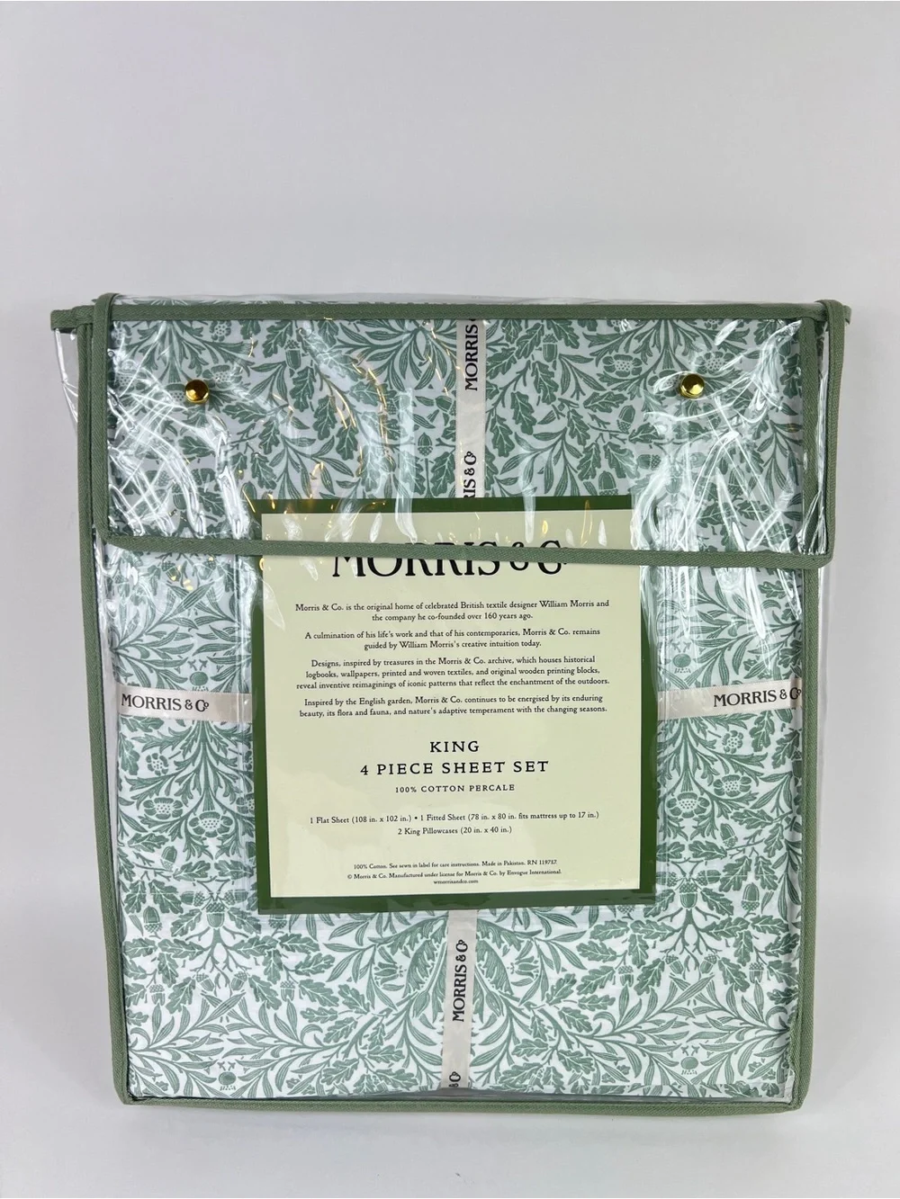 William Morris Co King Sheet Set Acorn Green White 100% Cotton Percale 4 Pc NEW